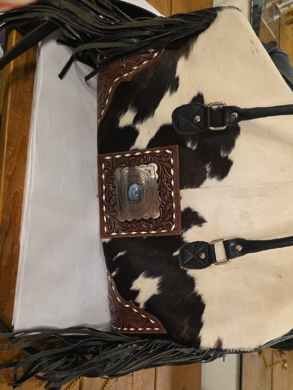 Cowhide Fringe Tote with Tooled Leather Accents